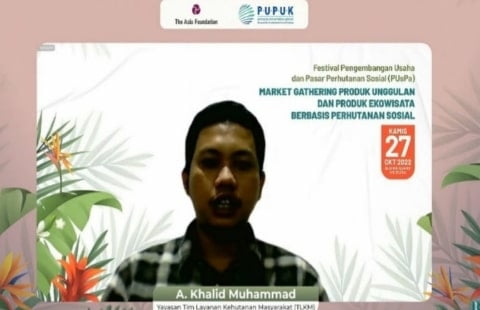 Perwakilan Yayasan Tim Layanan Kehutanan Masyarakat (TLKM), A. Kholid Muhammad dalam Festival Pengembangan Usaha dan Pasar Perhutanan Sosial (Festival PUsPA), Market Gathering Ekowisata berbasis Perhutanan yang digelar daring, Kamis (27/10/2022).