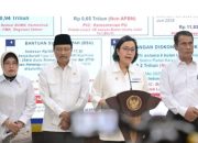 Kepala Badan Pusat Statistik (BPS) Amalia Adininggar Widyasanti, Menteri Sosial Saifullah Yusuf, Menteri Keuangan Sri Mulyani, dan Menteri Pertanian Andi Amran Sulaiman menyampaikan keterangan pers usai rapat terbatas bersama Presiden Prabowo di Istana Merdeka, Jakarta, Senin, 2 Juni 2025